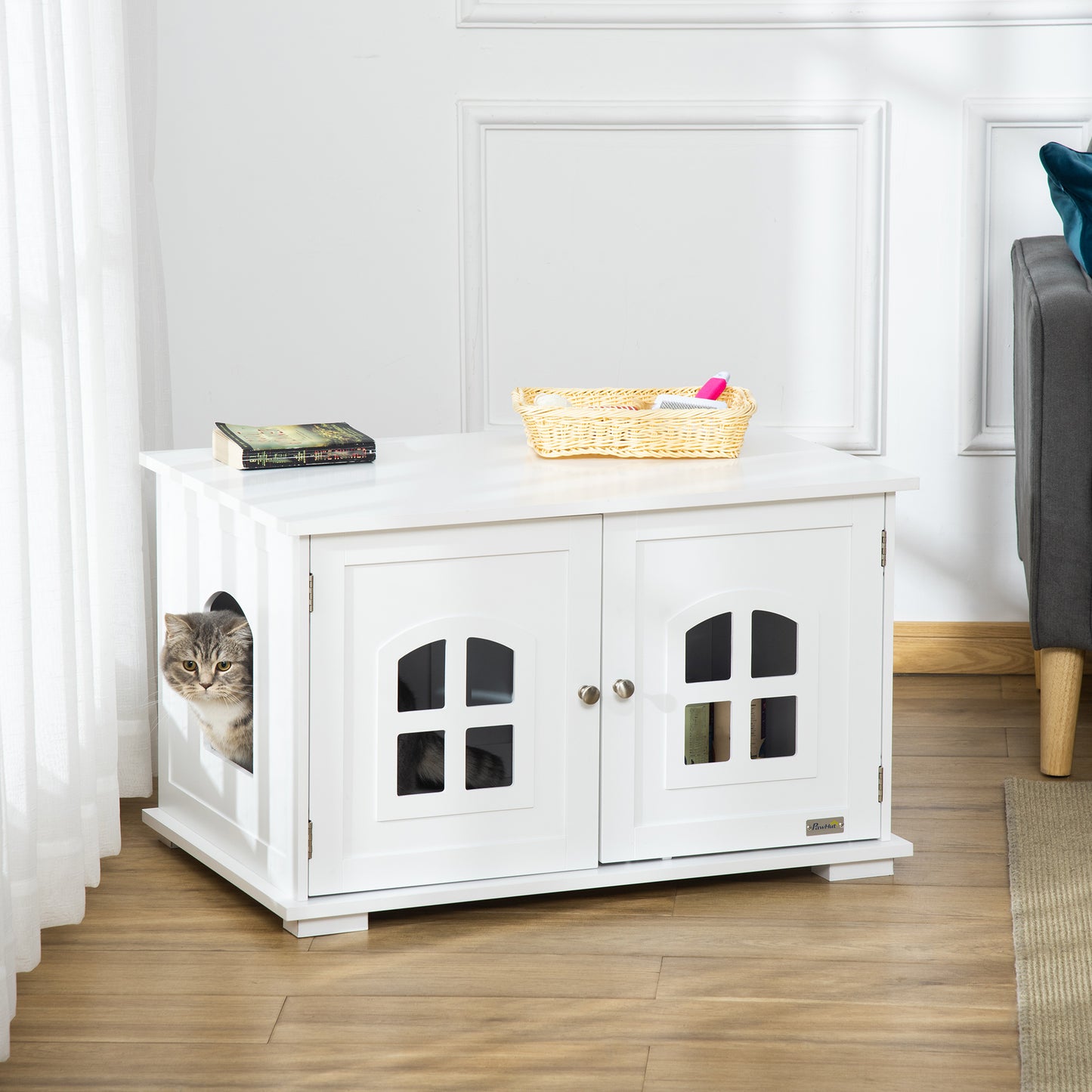 PawHut Cat Litter Box Enclosure Hidden Cat Furniture Cabinet Indoor Cat Washroom Double-door Nightstand End Table,White | Aosom Canada