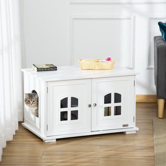 PawHut Cat Litter Box Enclosure Hidden Cat Furniture Cabinet Indoor Cat Washroom Double-door Nightstand End Table,White | Aosom Canada
