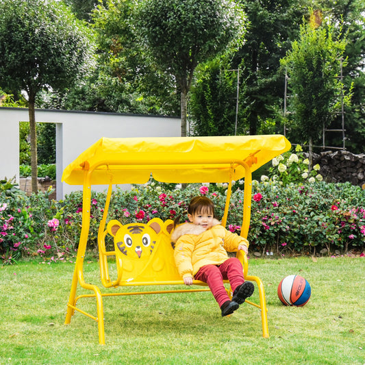 Outsunny 2-Seat Kids Canopy Swing, Children Outdoor Patio Lounge Chair with Adjustable Awning, Seat Belt, Tiger Pattern, Yellow | Aosom Canada