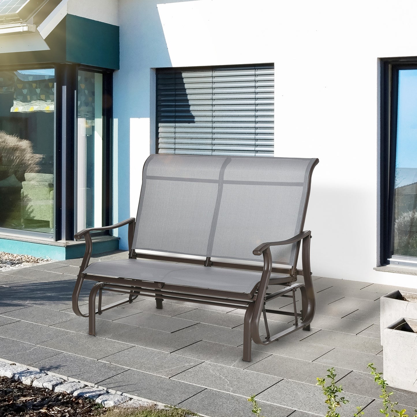 Outsunny Garden Double Gliding Chair, Patio Glider Armchair for Outdoor, Backyard Mesh Seat and Backrest, Steel Frame, Light Grey | Aosom Canada