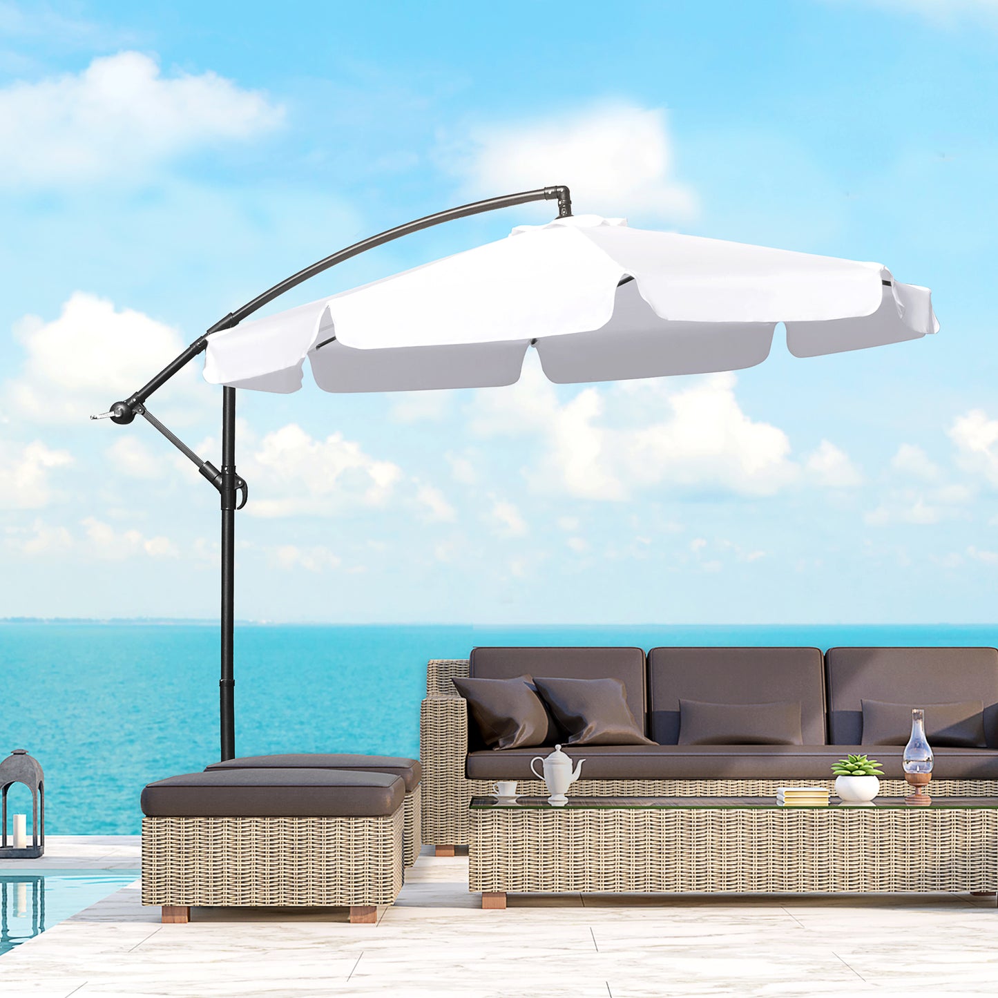 Outsunny 9FT Offset Hanging Patio Umbrella Cantilever Umbrella with Easy Tilt Adjustment, Cross Base and 8 Ribs, White | Aosom Canada