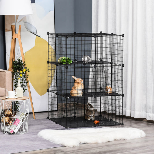 PawHut 3-Tier DIY Pet Playpen Small Animal Cage Bunny Hutch Portable Metal Wire with Ramps for Kitten Bunny Chinchilla Pet Mink Black | Aosom Canada