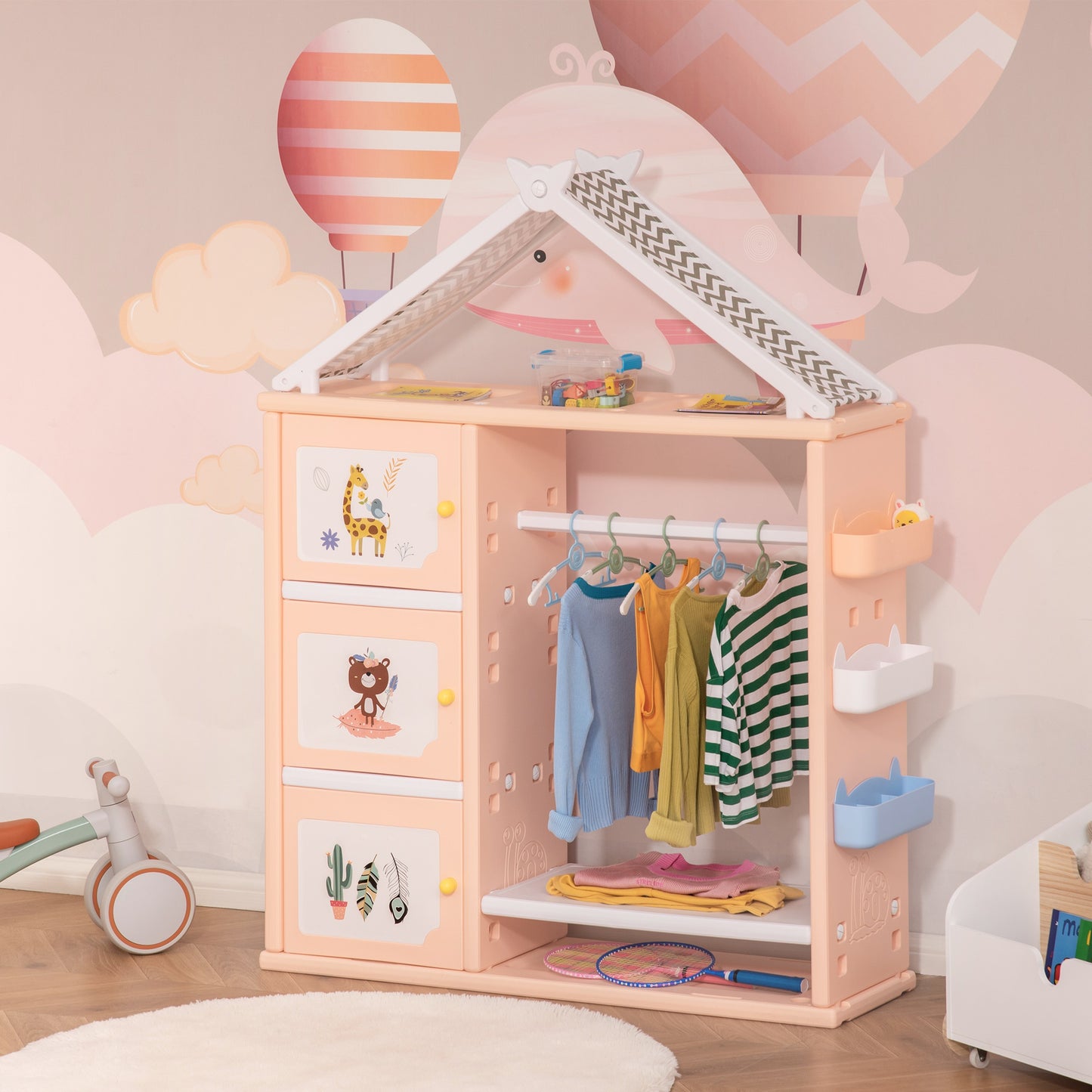 Qaba Kids toy Organizer and Storage Book Shelf with shelf, Storage Cabinet, Hanger, Storage Board, and Storage Basket, Orange | Aosom Canada