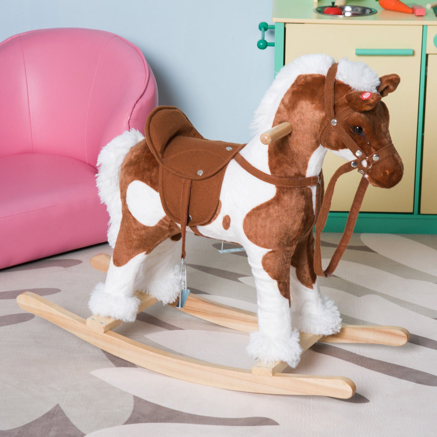 Qaba Kids Metal Plush Ride-On Rocking Horse Chair Toy w/ Nursery Rhyme Music - Light Brown / White | Aosom Canada