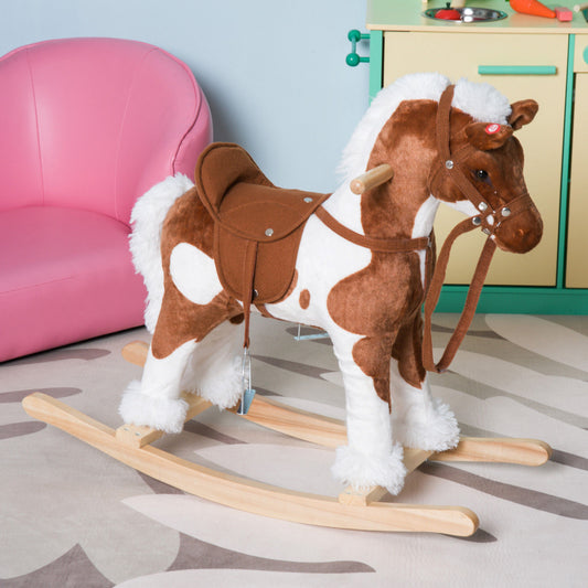 Qaba Kids Metal Plush Ride-On Rocking Horse Chair Toy w/ Nursery Rhyme Music - Light Brown / White | Aosom Canada