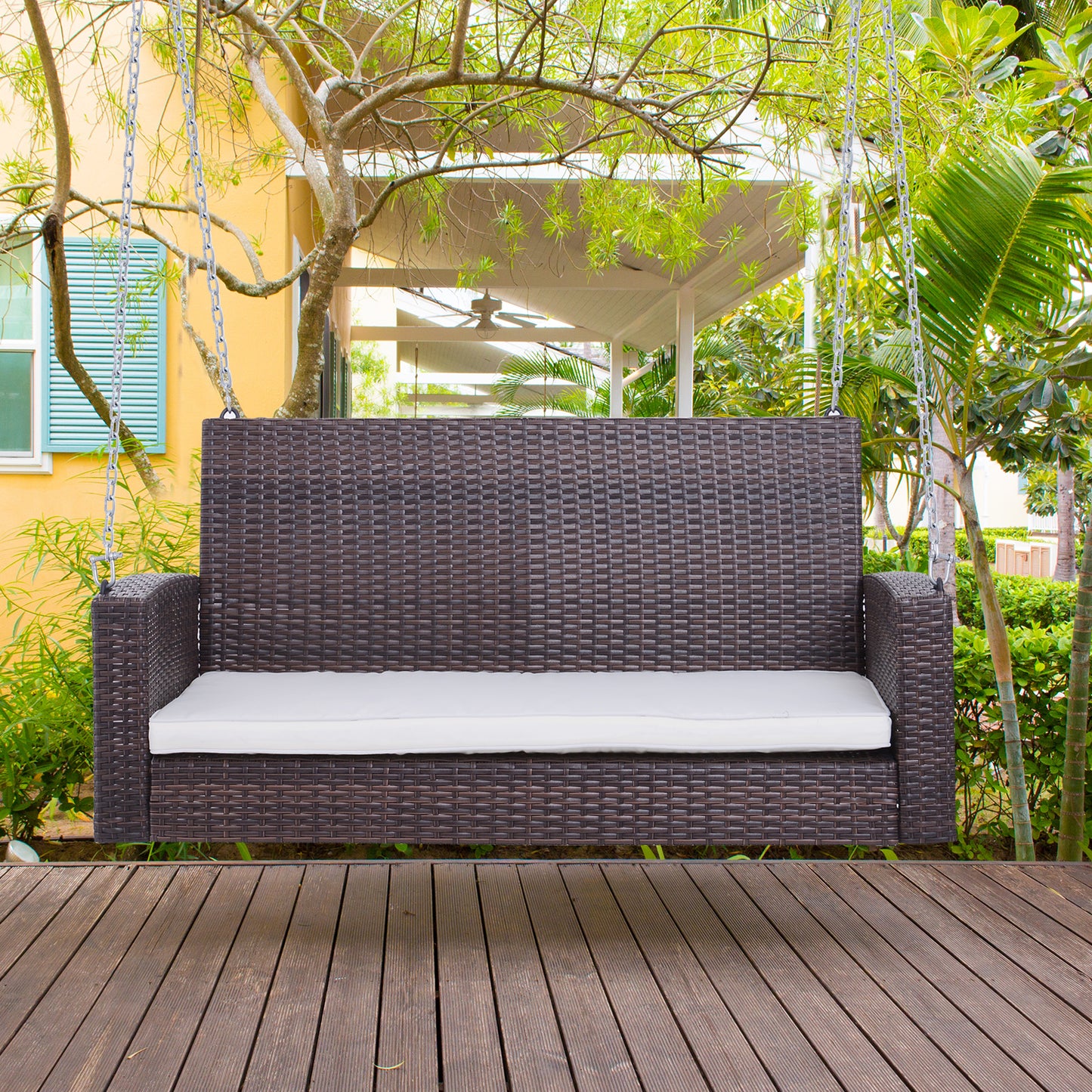 Outsunny 2-person Outdoor Wicker Porch Swing Chair Garden Rattan Hanging Bench with Cushion Yard Double Hammock Sun Lounge Seat White | Aosom Canada