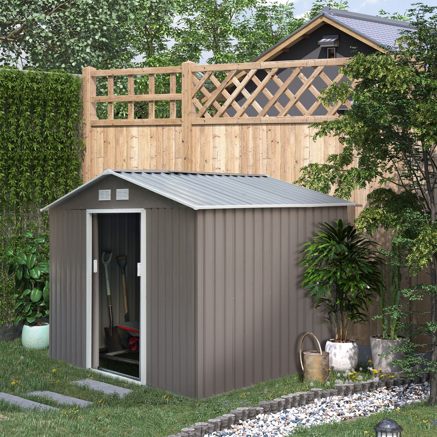 Outsunny 9.1' x 6.4' x 6.3' Garden Storage Shed w/Floor Foundation Outdoor Patio Yard Metal Tool Storage House w/ Double Doors Grey | Aosom Canada