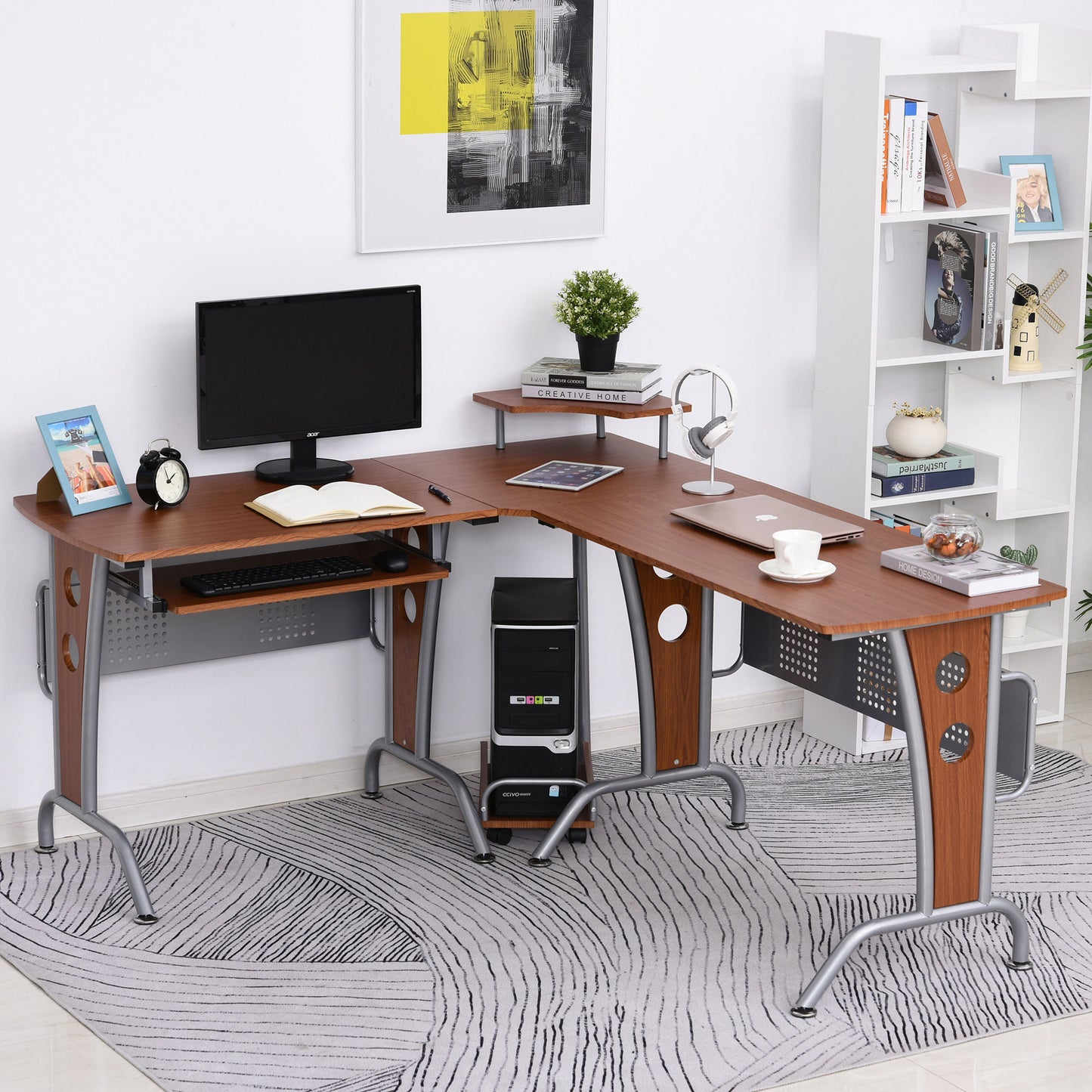 Homcom L Shaped Gaming Desk Corner Computer Desk Office Desk Pc Table Workstation E1 Mdf W/Keyboard Tray Cpu Stand Brown Wood Grain | Aosom Canada