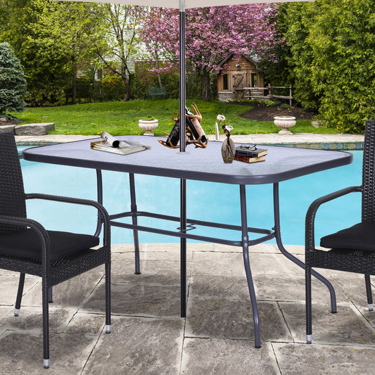 Outsunny Metal Garden Dining Tables Outdoor Patio w/ Tempered Glass Top, Umbrella Hole, 55" x 31.5" | Aosom Canada