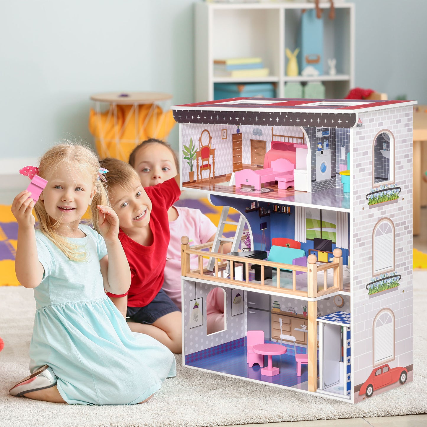 Qaba 13 PCS Kids 3-Story Dollhouse, Dreamhouse Villa, Multi-level House, Furniture Accessories Kit for 3-6 Years Old, Pink | Aosom Canada