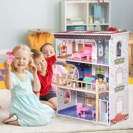 Qaba 13 PCS Kids 3-Story Dollhouse, Dreamhouse Villa, Multi-level House, Furniture Accessories Kit for 3-6 Years Old, Pink | Aosom Canada