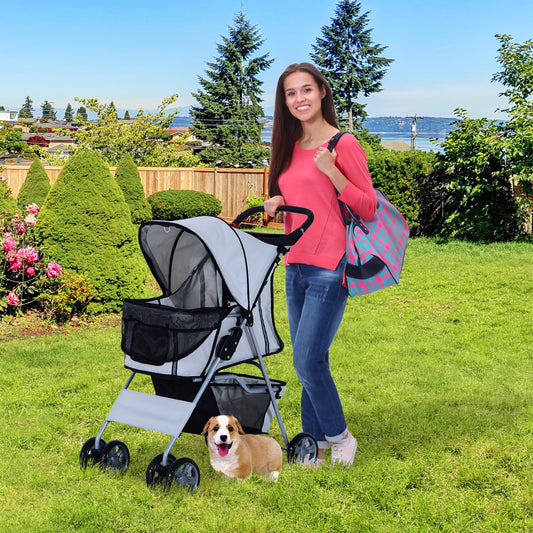 PawHut 4 Wheel Dog Pet Stroller Dog Cat Carrier Folding Sunshade Canopy with Brake, Grey | Aosom Canada