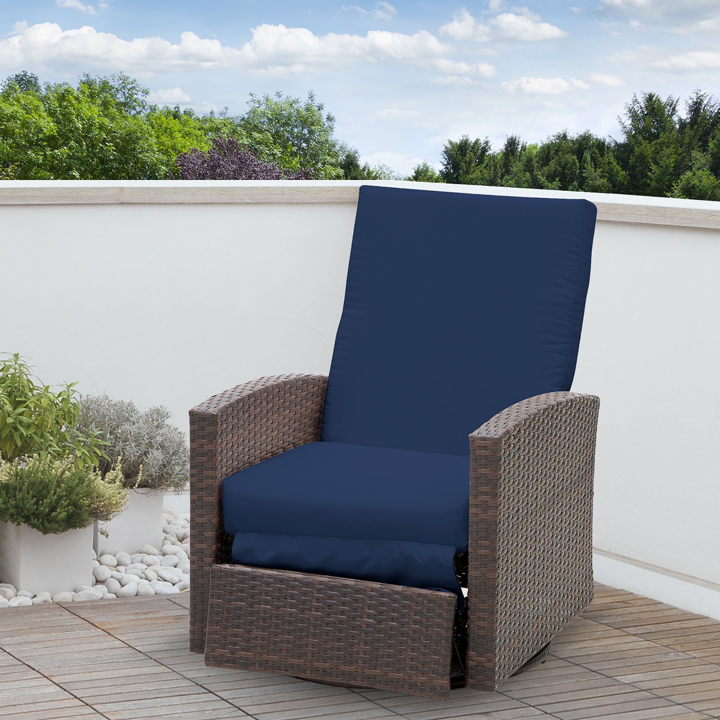 Outsunny Rattan Recliner Sofa with 360° Swivel, Outdoor Wicker Lounge Chair with Footrest & Soft Cushion, Dark Blue and Brown | Aosom Canada