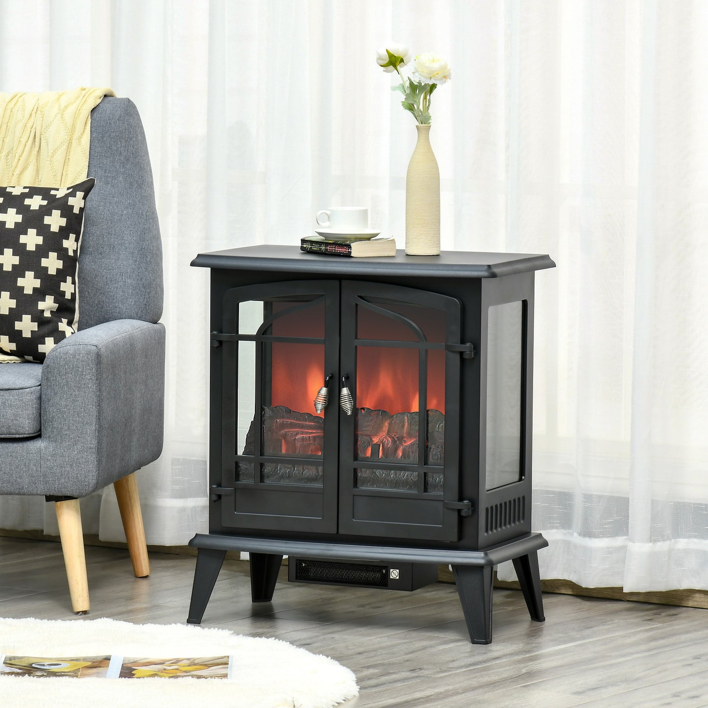HOMCOM Electric Fireplace Stove, Indoor Heater with Realistic Flame Effect, Adjustable Temperature and Overheat Protection, Black | Aosom Canada
