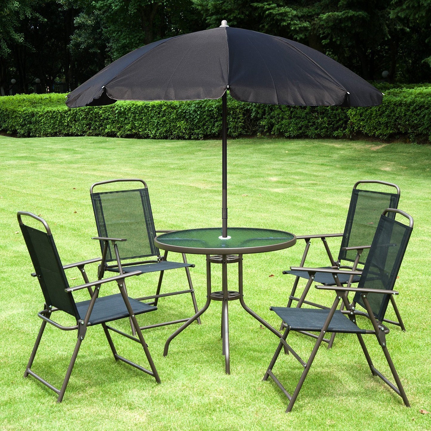 Outsunny 6pc Outdoor Patio Umbrella Set Garden Bistro Yard Furniture Dining Table Folding Chairs Aluminum Black | Aosom Canada
