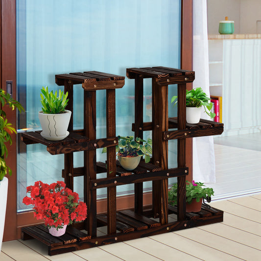 Outsunny Wooden 4-Tier Plant Pot Stand Vertical Carbonized Flower Rack Outdoor Garden Shelf | Aosom Canada