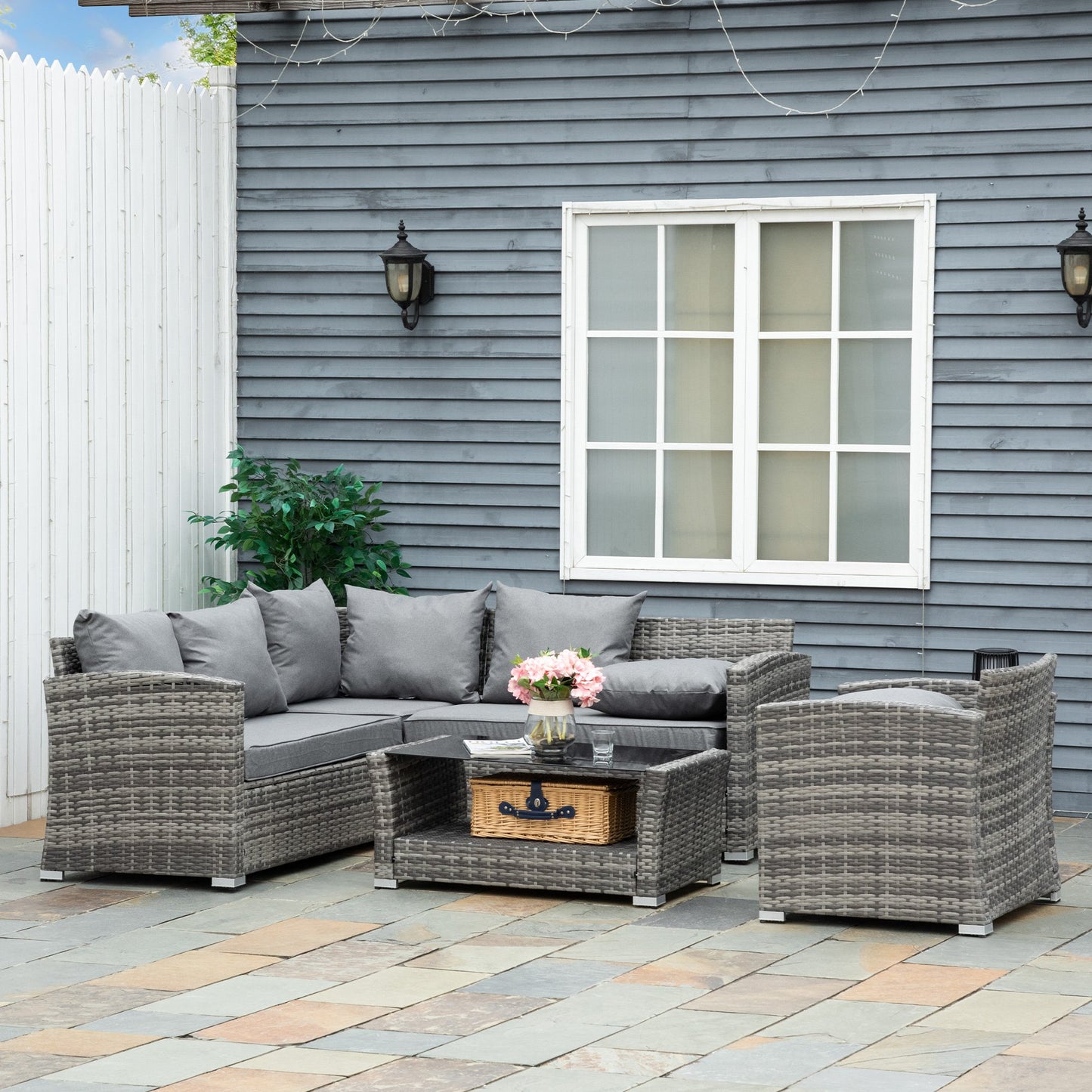 Outsunny 5 Pieces Patio Wicker Sofa Set, Outdoor PE Rattan Garden Conversation Sectional Coffee Table Furniture Set, Grey | Aosom Canada