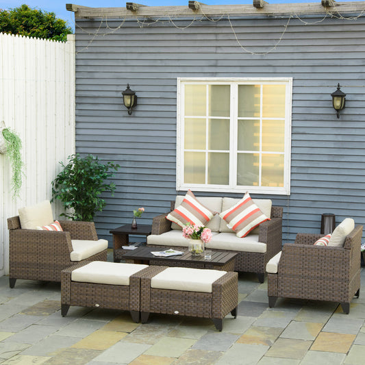 Outsunny 8 Pieces Patio Wicker Sofa Set w/ Aluminum Plate Top Table, Side Table & Cushion for Garden, Backyard, Beige | Aosom Canada