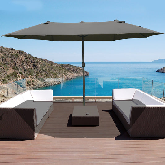 Outsunny 15' Outdoor Patio Umbrella with Twin Canopy Sunshade Steel Table Umbrella with Lift Crank, Cross base, Sandbag, Dark Grey | Aosom Canada