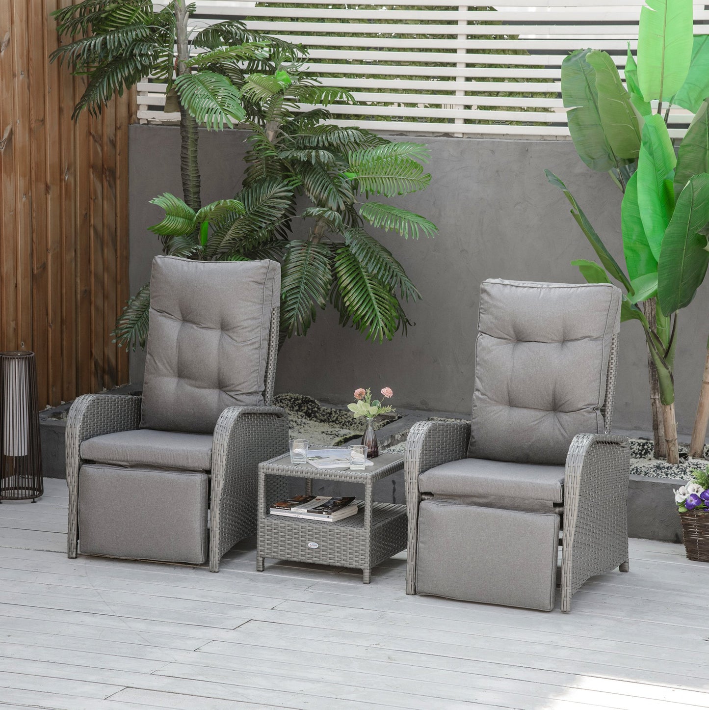 Outsunny 3 Pieces Patio Wicker Bistro Set w/ Cushions and Wood Grain Plastic Top | Aosom Canada