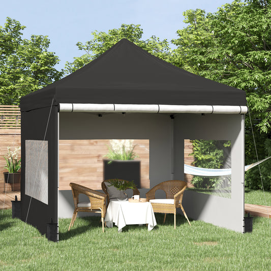 Outsunny 10' x 10' Pop Up Canopy Tent Folding Instant Shelter Gazebo with Sidewalls, 4 Windows, 4 Sand Weights Bags, Black | Aosom Canada