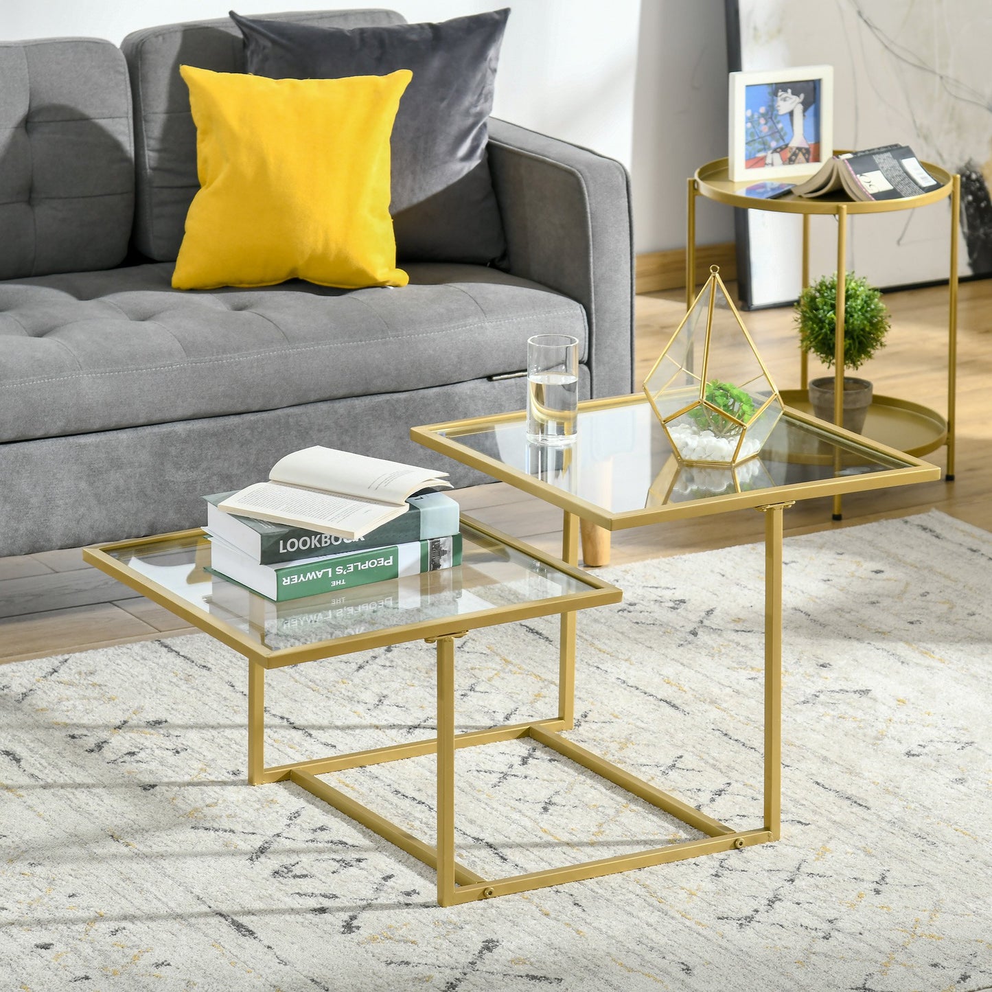 HOMCOM Contemporary Coffee Tables with Double Tempered Glass Tabletops, Golden Side Table with Metal Base Adjustable Foot, Bedroom | Aosom Canada