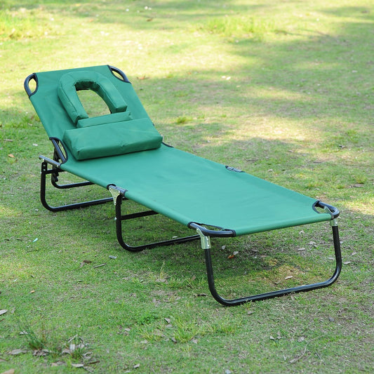 Outsunny Portable Adjustable Garden Beach Sun Lounger Chair Bed w/ Headrest Reading Hole Patio Outdoor Dark Green | Aosom Canada