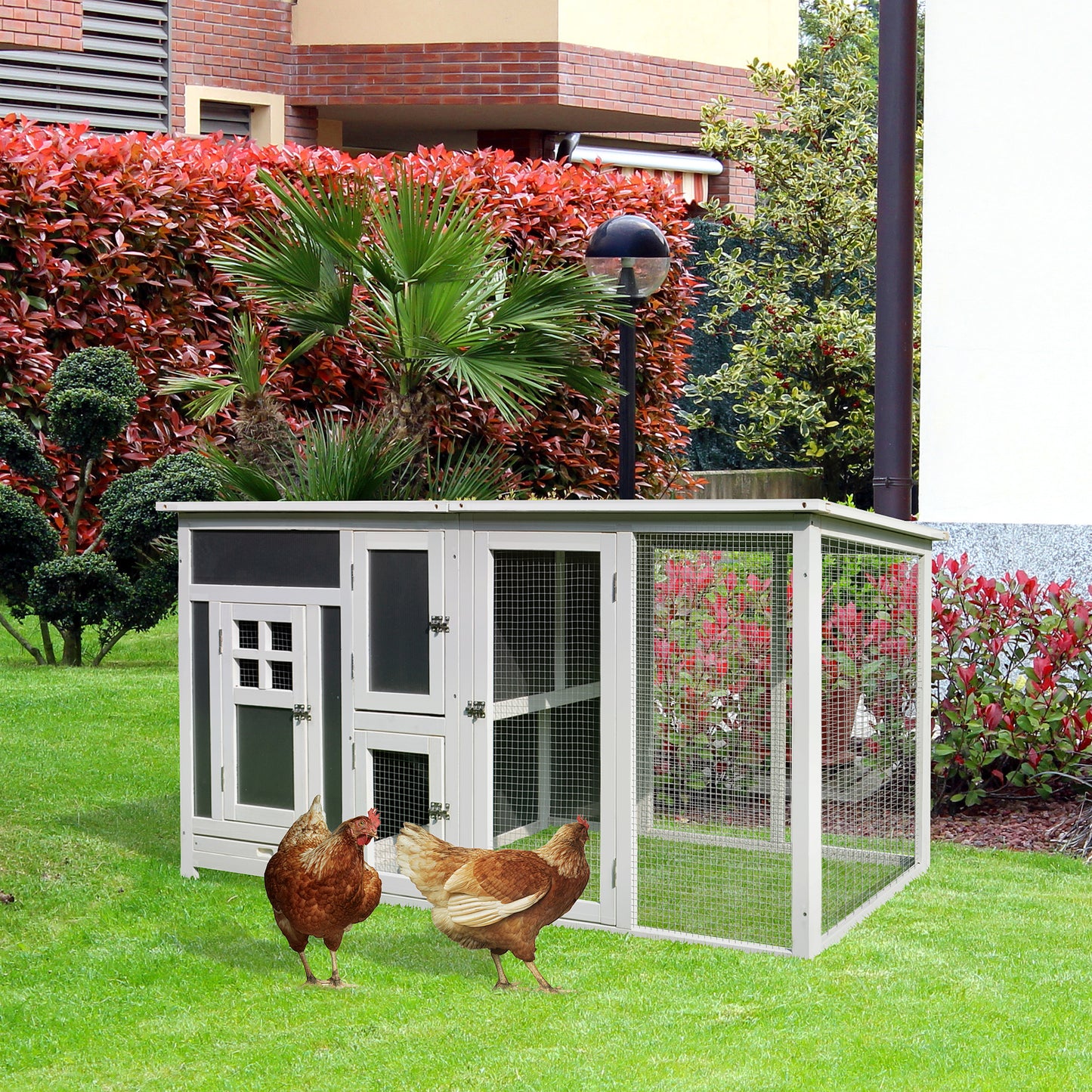 PawHut 63" Chicken Coop Wooden Hen House Rabbit Hutch Poultry Cage Pen Outdoor Backyard with Nesting Box and Run, Grey | Aosom Canada