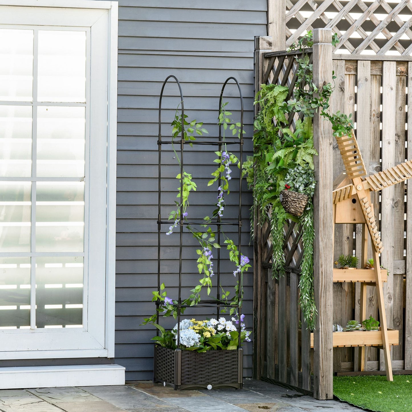 Outsunny 16'' x 16'' x 70'' Garden Bed with Trellis, Planter Box with Self-Watering Disk, Drainage Holes, & Steel Frame | Aosom Canada