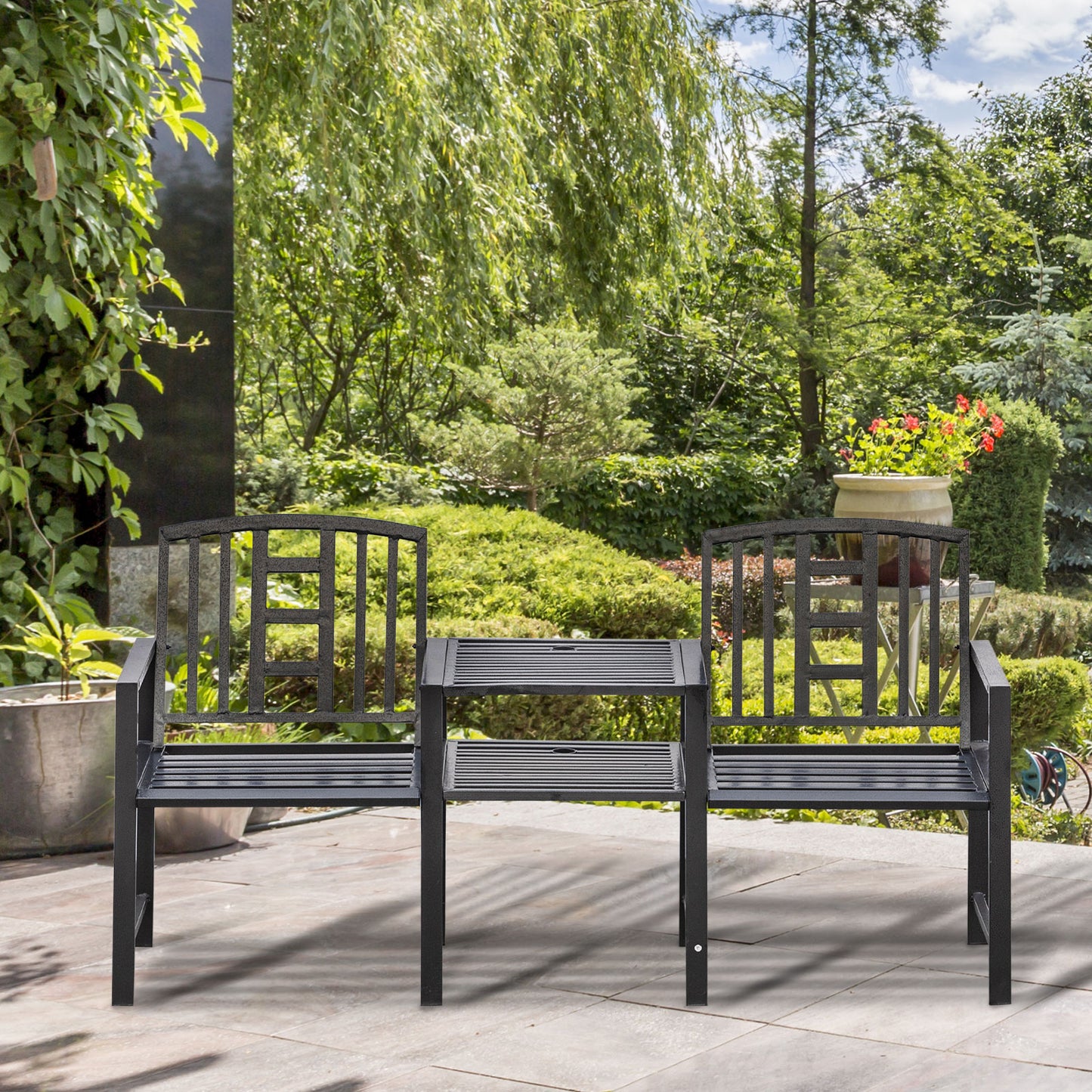 Outsunny Steel Garden Bench w/ Middle Table  Umbrella Hole  Double Seat for Outdoor  Patio  Backyard  Weather-Resistant Frame  Black | Aosom Canada