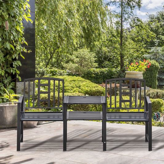 Outsunny Steel Garden Bench w/ Middle Table  Umbrella Hole  Double Seat for Outdoor  Patio  Backyard  Weather-Resistant Frame  Black | Aosom Canada