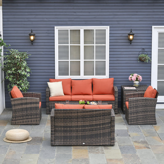 Outsunny 6 Piece Outdoor Rattan Wicker Sofa Set Sectional Patio Conversation Furniture Set w/ Storage Table & Cushion Orange | Aosom Canada