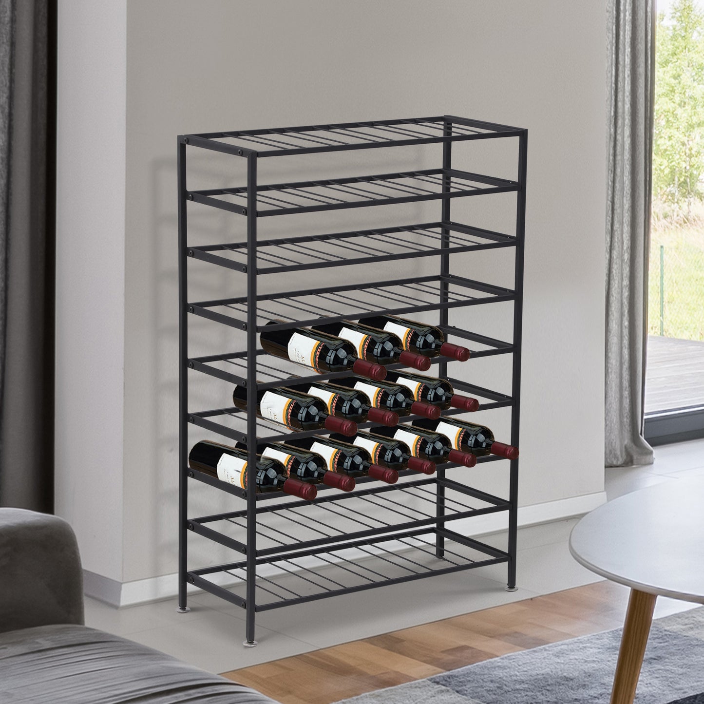 HOMCOM 9-Tier Metal Wine Bottle Rack 54 Bottles Freestanding Wine Storage Holder Home Bar Wine Display Stand, Black | Aosom Canada