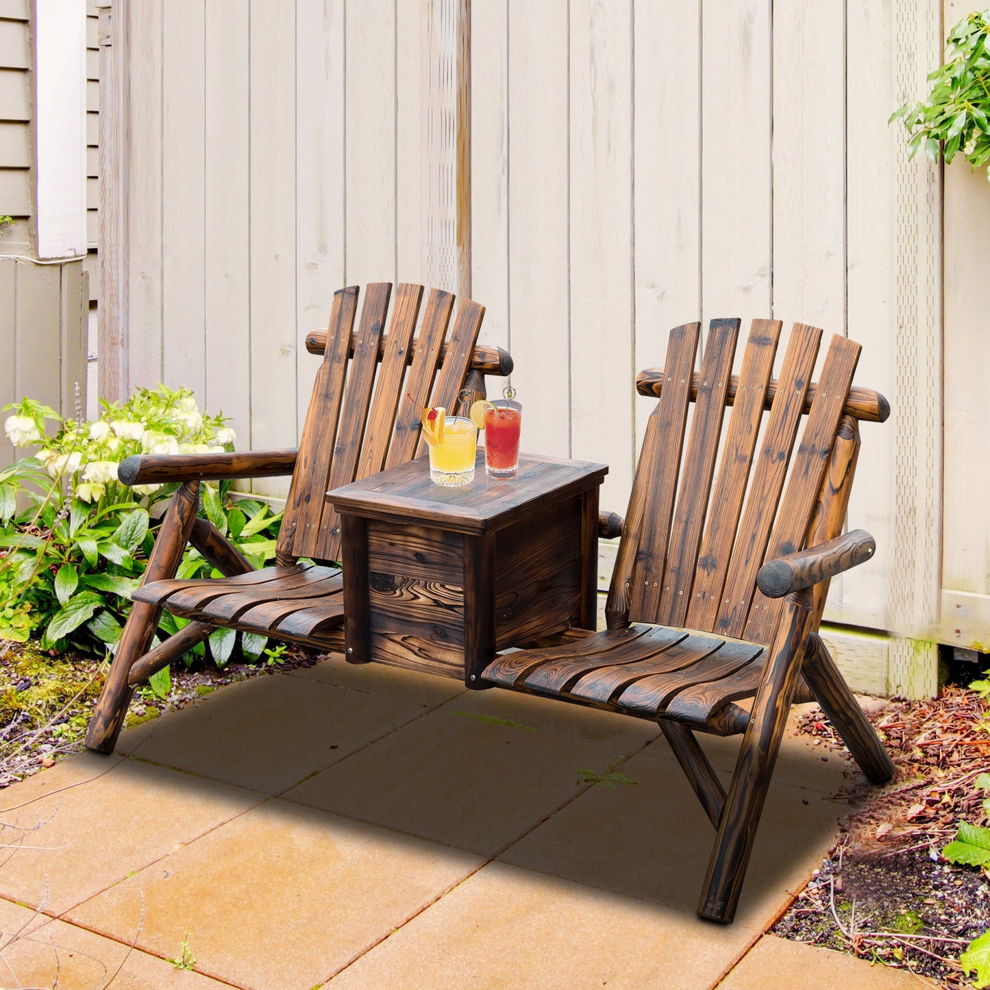 Outsunny Wooden Double Adirondack Chair Loveseat w/ Ice Bucket Rustic Brown | Aosom Canada