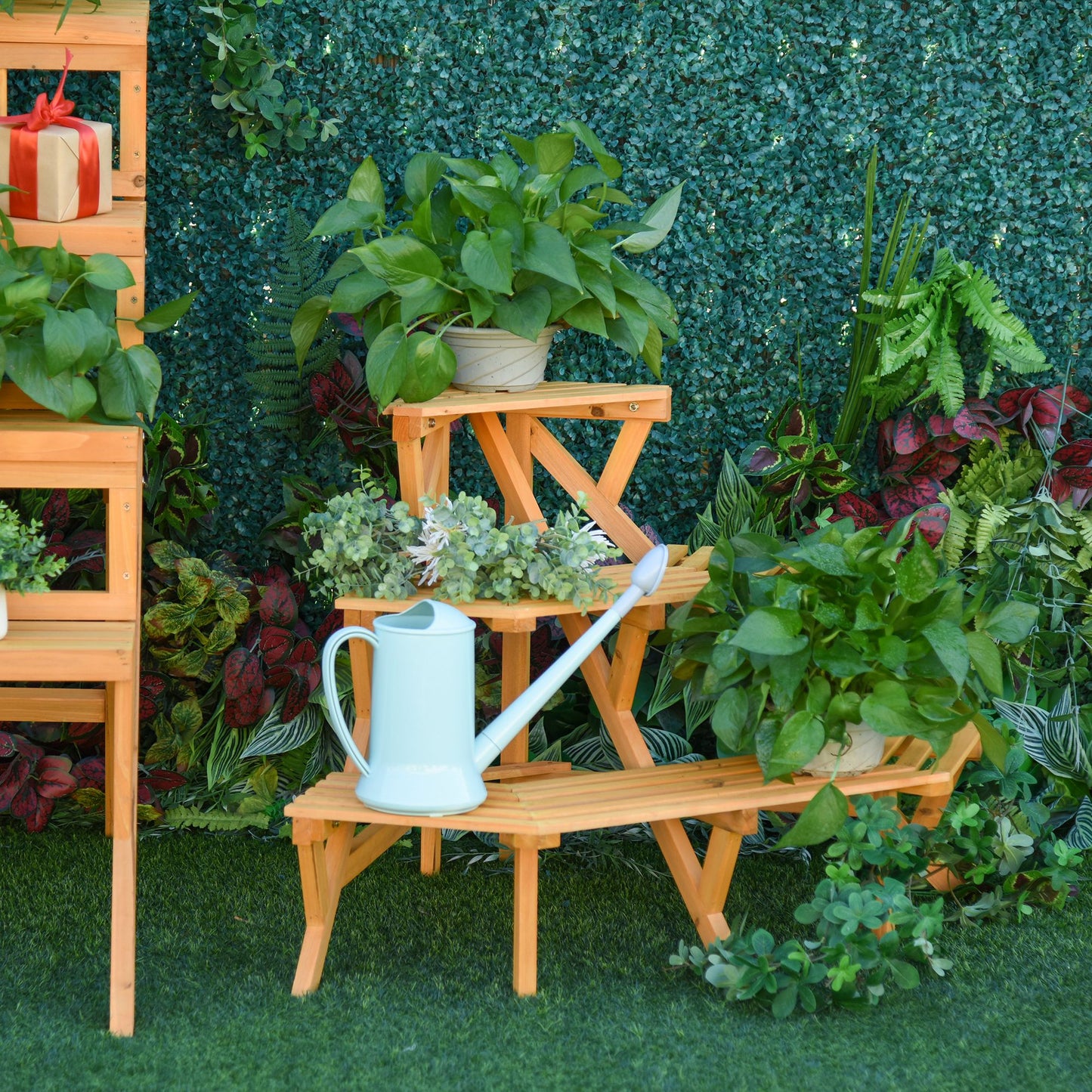 Outsunny Wooden Rustic 3-Tier Raised Plant Stand with Slatted Shelves, Plant Pot Organizer 37.75" x 25.25" x 24" | Aosom Canada