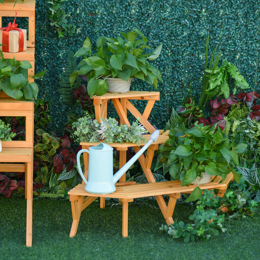 Outsunny Wooden Rustic 3-Tier Raised Plant Stand with Slatted Shelves, Plant Pot Organizer 37.75" x 25.25" x 24" | Aosom Canada