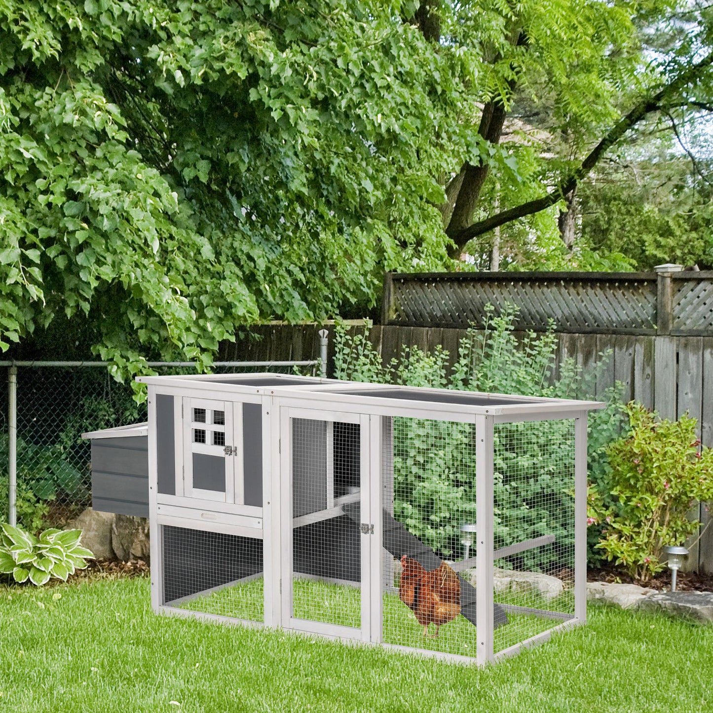 PawHut 64" Wooden Chicken Coop, Outdoor Hen House Poultry Cage with Outdoor Run, Nesting Box, Removable Tray | Aosom Canada