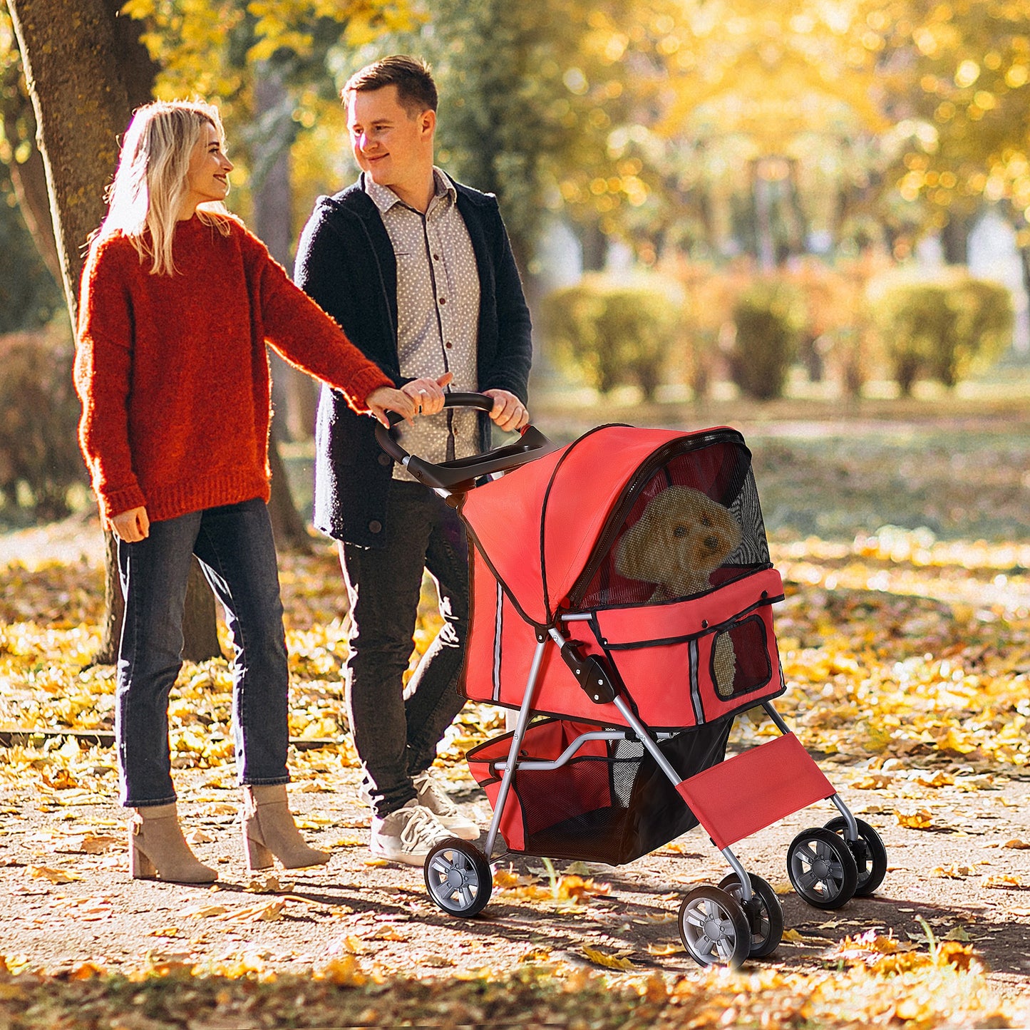 PawHut 4 Wheel Dog Pet Stroller Dog Cat Carrier Folding Sunshade Canopy with Brake, Red | Aosom Canada