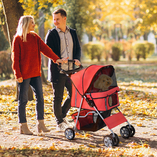 PawHut 4 Wheel Dog Pet Stroller Dog Cat Carrier Folding Sunshade Canopy with Brake, Red | Aosom Canada