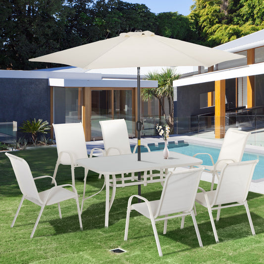 Outsunny 8 Piece Patio Dining Set with Table Umbrella, 6 Chairs and Rectangle Dining Table, Outdoor Patio Furniture Set, Cream White | Aosom Canada