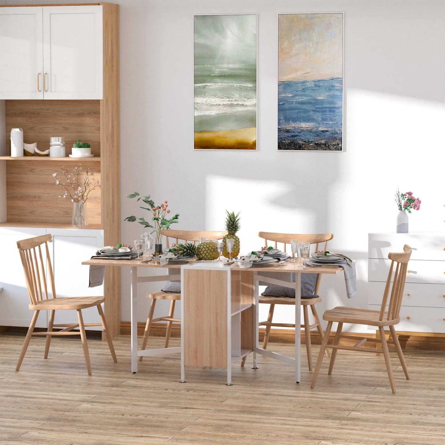 HOMCOM Folding Storage Dining Table Multi-use Drop Leaf Desk with Storage Shelves Space Saving Design Oak | Aosom Canada