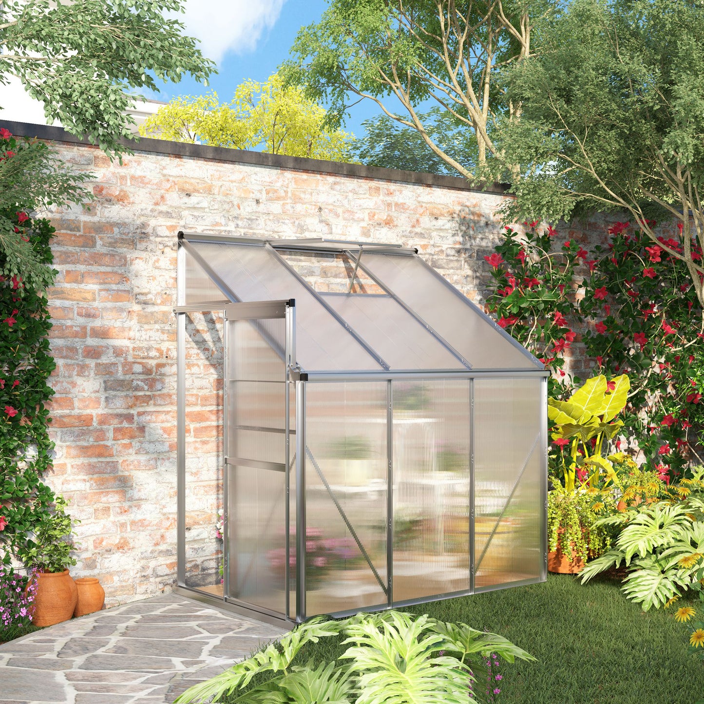 Outsunny Lean-to Greenhouse Walk-in Garden Aluminum Polycarbonate with Roof Vent for Plants Herbs Vegetables 6' x 4' x 7' Silver | Aosom Canada