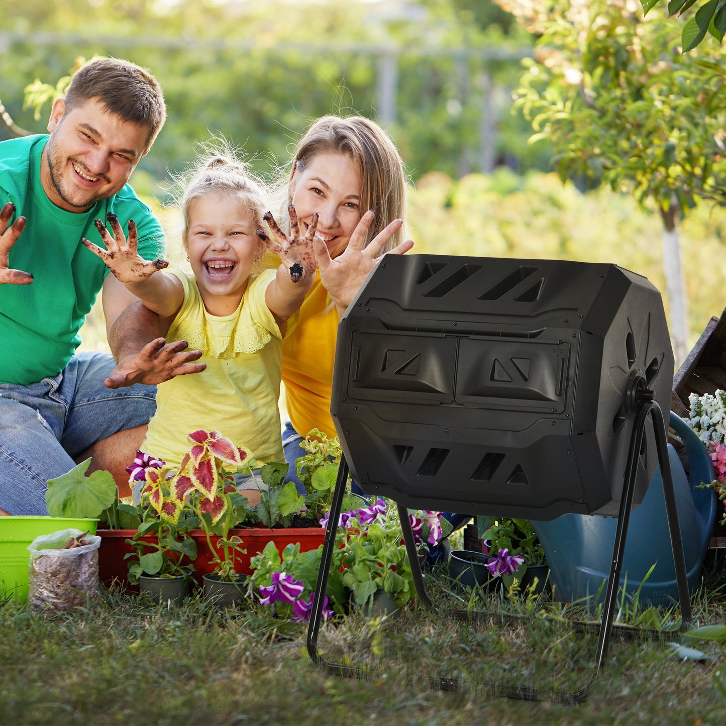 Outsunny Tumbling Compost Bin Outdoor Dual Chamber 360° Rotating Composter 43 Gallon w/ Sliding Doors & Solid Steel Frame, Black | Aosom Canada