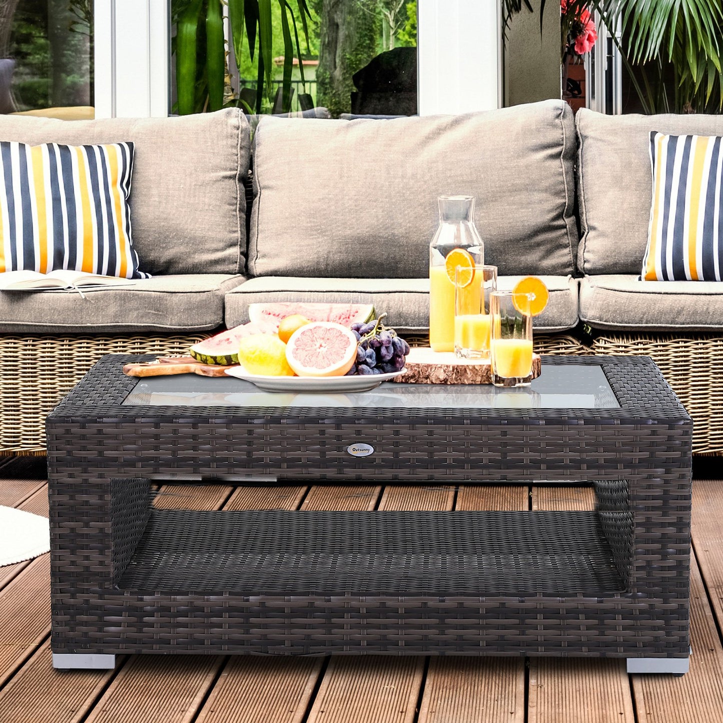 Outsunny 2-Tier Outdoor PE Wicker Coffee Table Patio Rattan Garden End Desk w/ Glass Top | Aosom Canada
