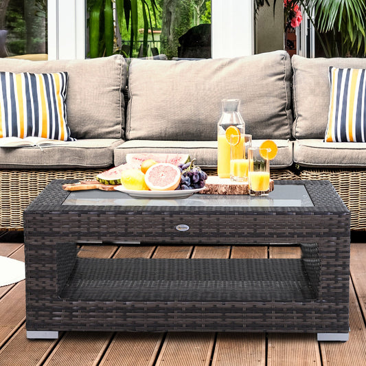 Outsunny 2-Tier Outdoor PE Wicker Coffee Table Patio Rattan Garden End Desk w/ Glass Top | Aosom Canada