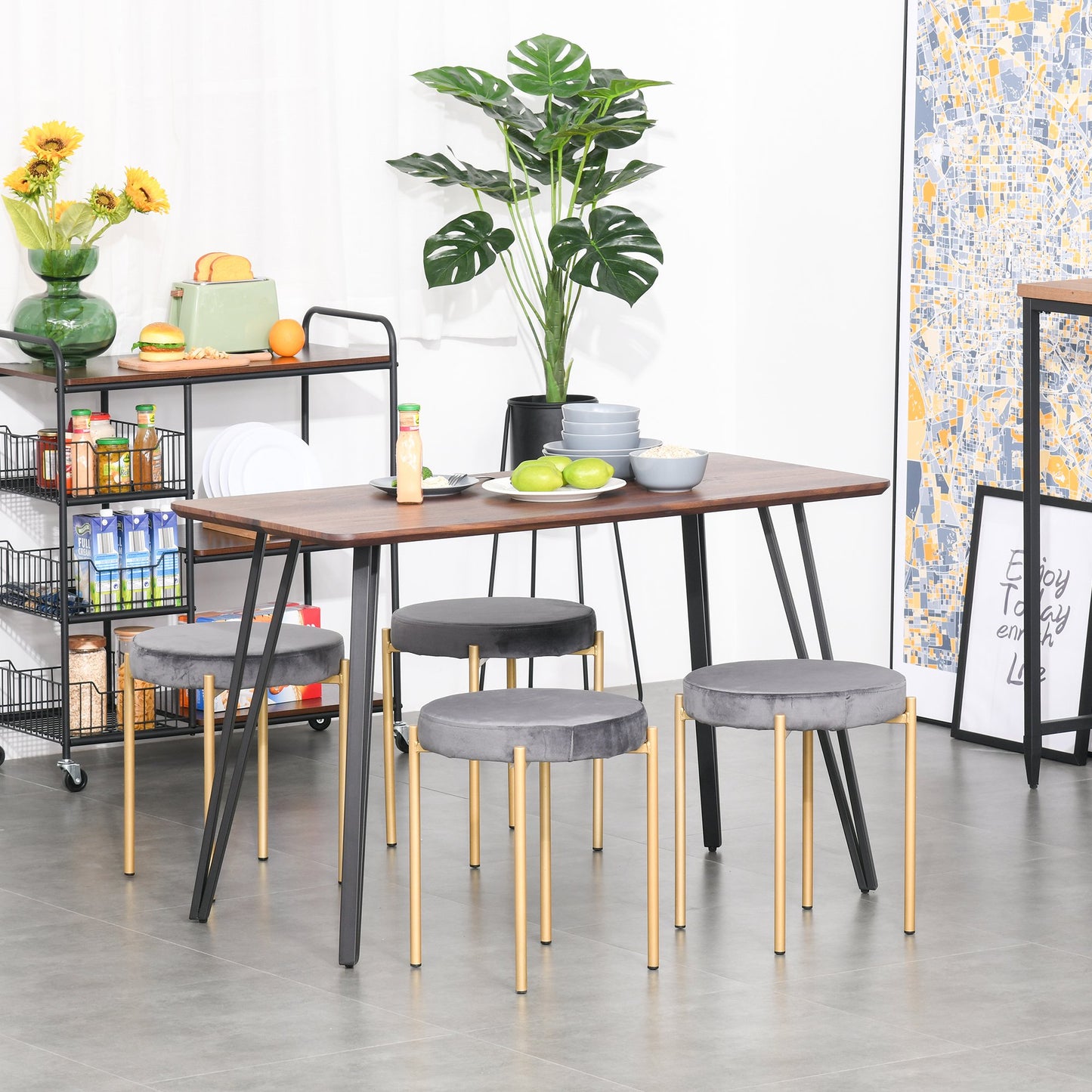 HOMCOM Backless Stackable Dining Stools Velvet-Touch Fabric Upholstered Round Chair with Steel Legs, Set of 4, Grey | Aosom Canada