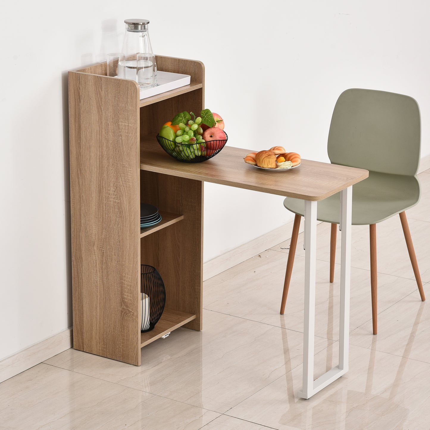 HOMCOM 2 In 1 Storage Cabinet & Dining Table 4-Tier Shelf w/ Drop Leaf Tabletop, Anti-toppling Design | Aosom Canada