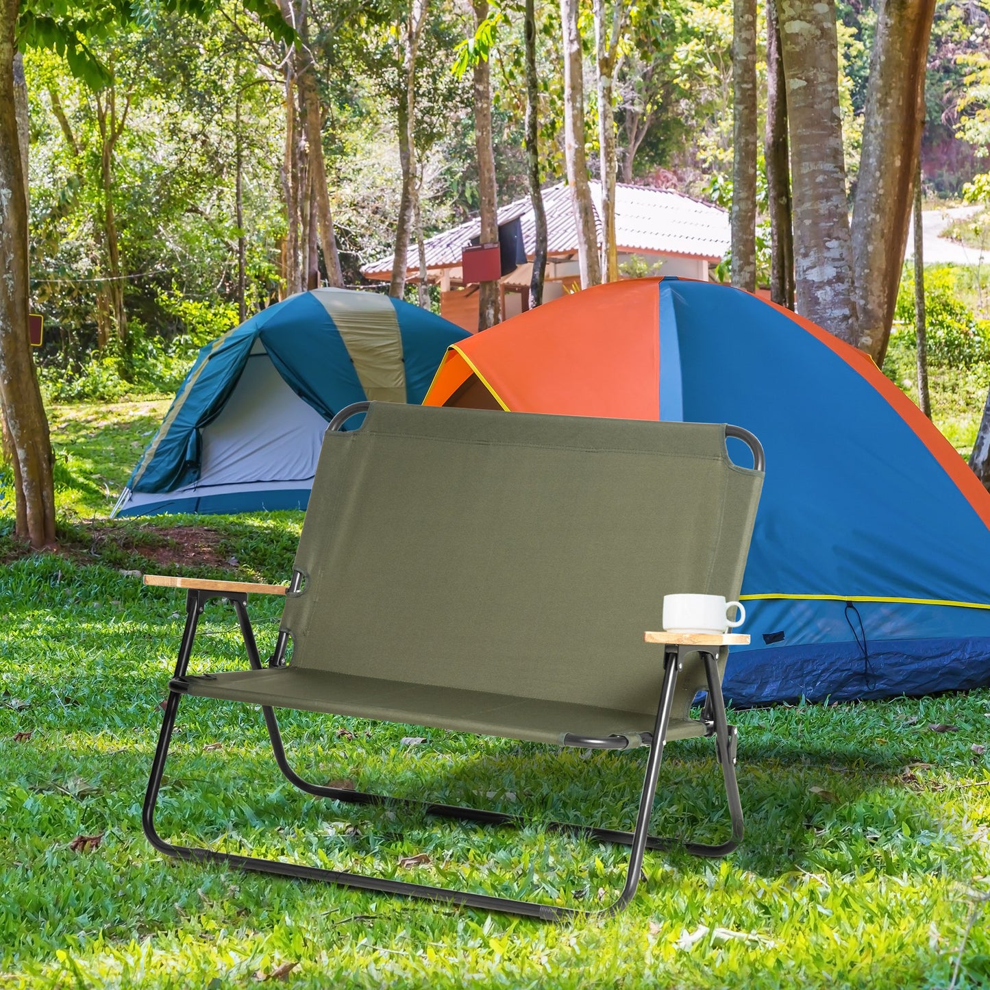 Outsunny Double Folding Chair, Loveseat Camping Chair for 2 Person, Portable Outdoor Chair with Wood Armrest for Fishing Travel, Green | Aosom Canada