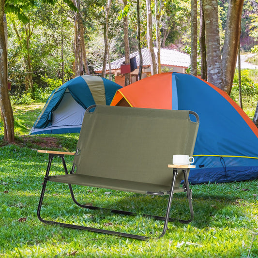 Outsunny Double Folding Chair, Loveseat Camping Chair for 2 Person, Portable Outdoor Chair with Wood Armrest for Fishing Travel, Green | Aosom Canada