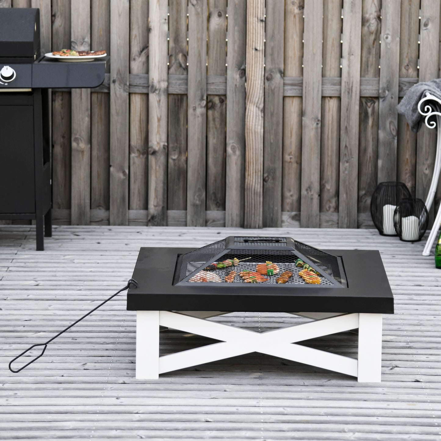Outsunny 34" Outdoor 3 in 1 Steel Square Fire Pit Square Stove with Spark Screen Cover Log Grate Poker Grill Net for Patio White Black | Aosom Canada